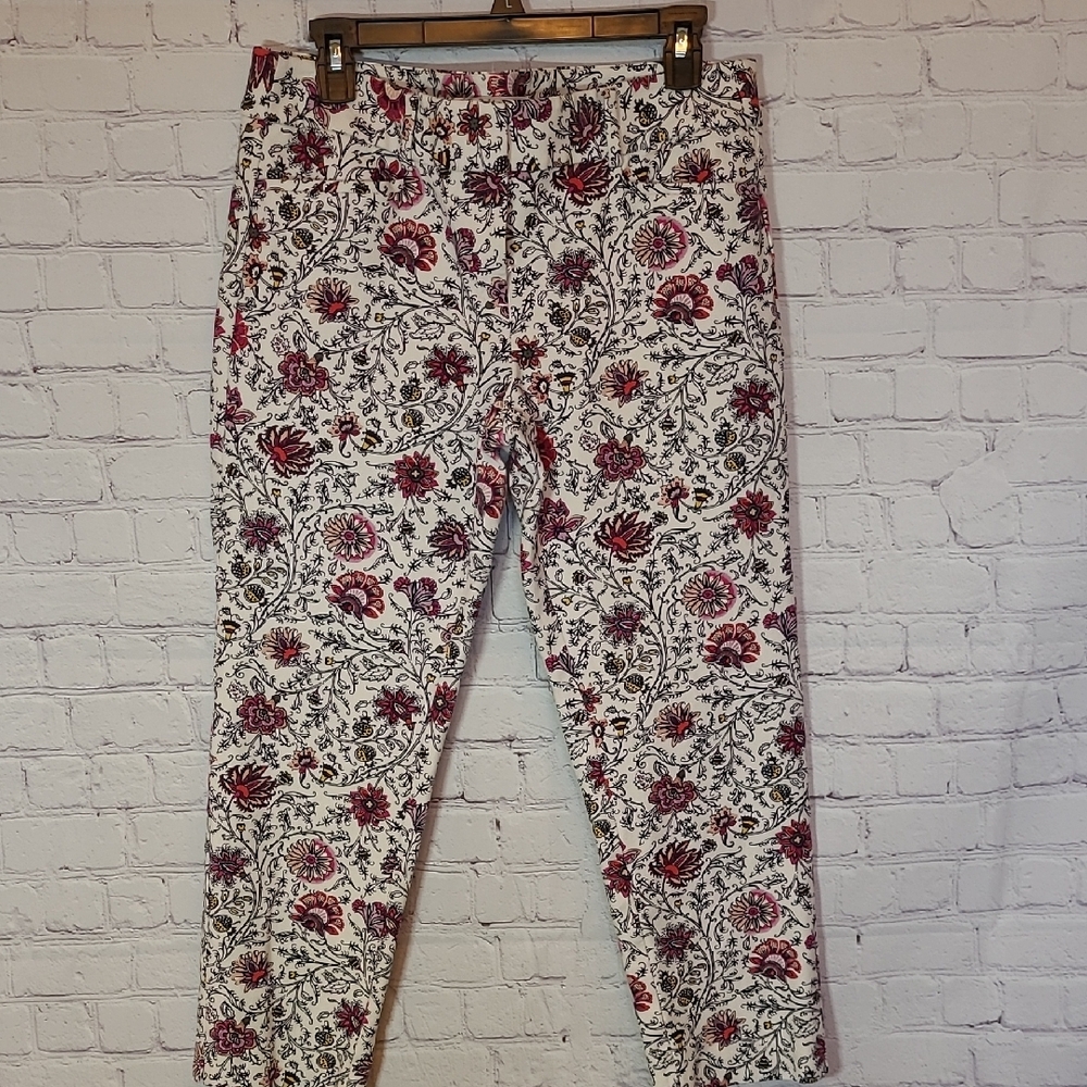 Loft Size 8  White Cream Boho Floral Riviera Cropped Pants Stretch